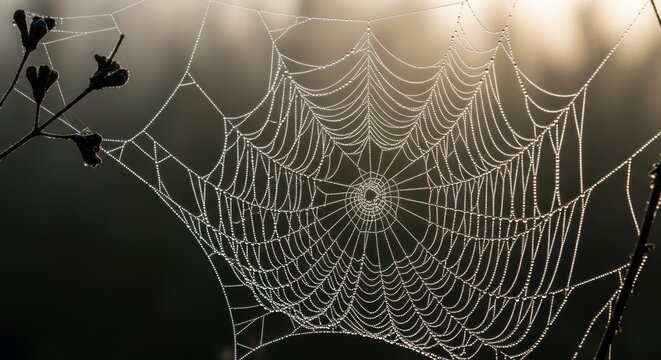 A macro close-up of an intricate spiderweb covered in morning dew drops. Glistening water droplets on a delicate cobweb pattern against a dark background