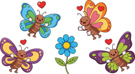 Cartoon butterflies with smiling faces and hearts around flower, cheerful nature scene for kids, flat vector illustration