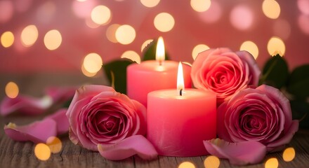 Romantic pink roses and candles with bokeh lights for special occasions