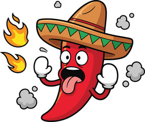 Cartoon chili pepper with sombrero and flames, spicy food character, Mexican heat concept, flat vector illustration