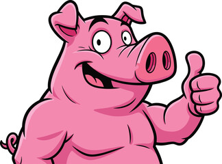 Cartoon muscular pig giving thumbs up, strong farm animal character with smile and snout, flat vector illustration