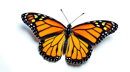 Fototapeta premium Monarch butterfly with vibrant orange and black wings resting on white background, showcasing detailed wing patterns and delicate antennae