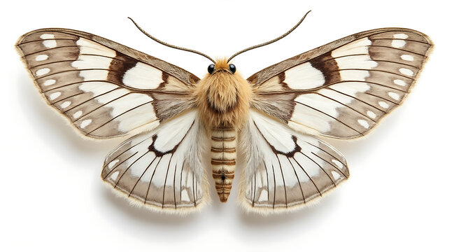 Realistic photograph of moth with fine soft texture and detailed brown and white patterned wings spread wide on white background