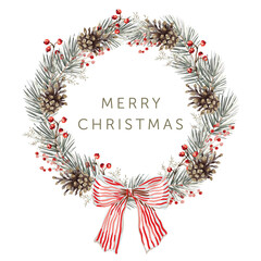 Obraz premium Christmas wreath with text, white background. Pine cones, twigs, red berries, striped bow. Vector illustration. Nature design. Greeting card, poster, banner template. New Year holidays