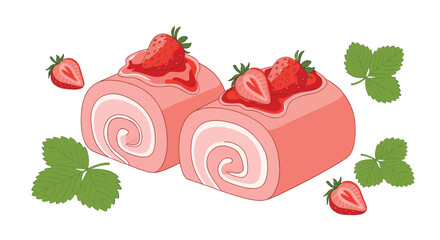 Two strawberry swiss rolls with fresh strawberries and green leaves are displayed on a white background, offering a delightful dessert presentation.
