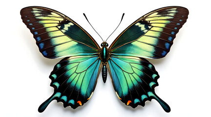 Realistic photograph of tropical butterfly with vibrant blue and green wings spread wide white background, showing delicate patterns and textures