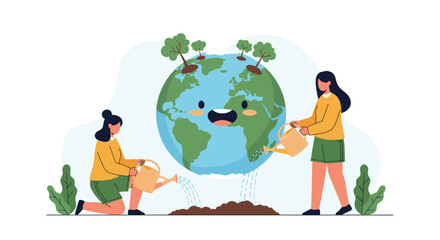 Two young women are watering a globe with small trees growing on top, symbolizing environmental care and sustainability efforts for a healthy planet.