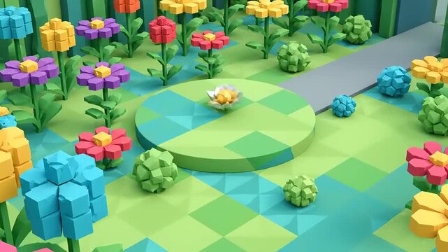 Animated Low Poly Garden Scene with Flowers, Grass, and Geometric Shapes Background