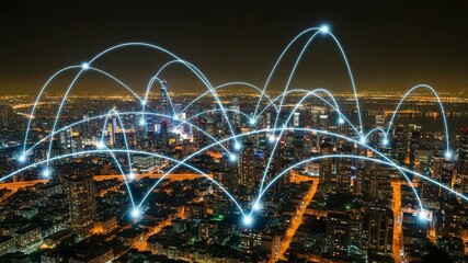 Abstract glowing network connections overlaying a modern city skyline at night, symbolizing global communication, data transfer, and smart technology infrastructure - Powered by Adobe