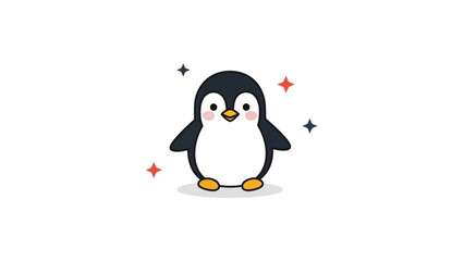 Fototapeta premium Cute cartoon penguin with blush cheeks and sparkling stars around it on a white background adorable animal illustration for children