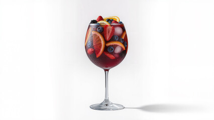 Ultra-realistic photo of a single large wine cup of red sangria, filled with ice cubes, orange and lemon slices, and berries. No background, isolated object, transparent background.
