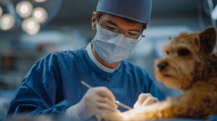 A veterinary surgeon performing a delicate orthopedic procedure on a dog’s leg, bright surgical lights illuminating precise instrument movements as a nurse monitors vital signs — advanced