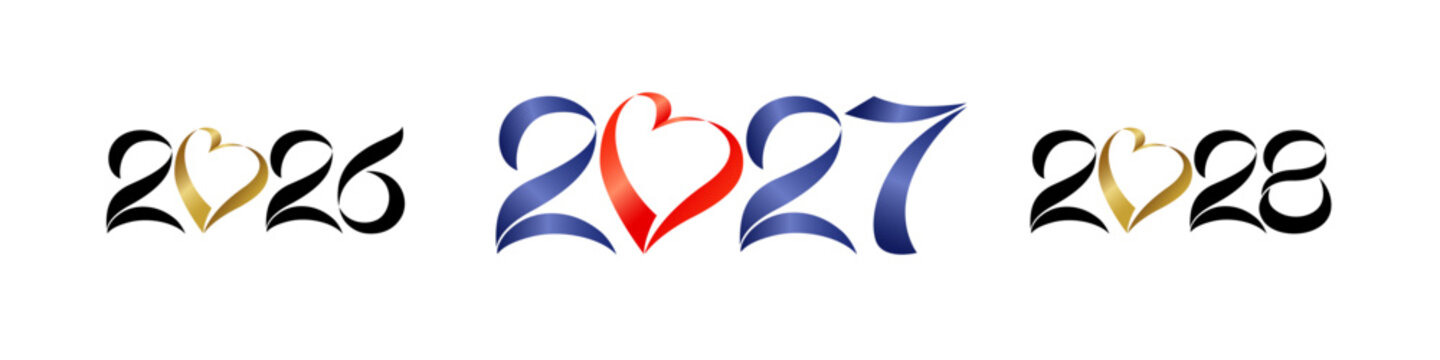 Set of creative icons for New Year 2026, 2027 and 2028 celebration. 3D number and heart design