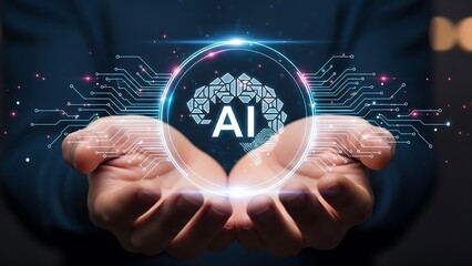 Artificial Intelligence Innovation Represented in Hands Holding Future Technology with Brain Circuitry and Holographic Effect for Cutting Edge Development and Neural Network Progress