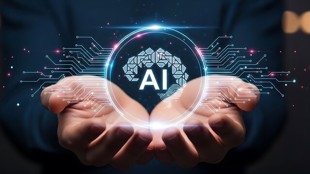 Artificial Intelligence Innovation Represented in Hands Holding Future Technology with Brain Circuitry and Holographic Effect for Cutting Edge Development and Neural Network Progress - Powered by Adobe