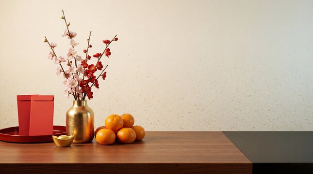 Elegant display of traditional Asian New Year decor featuring vibrant plum blossoms, fresh mandarin oranges, lucky red envelopes, and a golden wealth ingot on a wooden table with copy space.