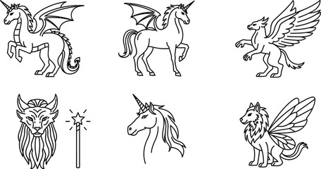 Fototapeta premium Mythology and fantasy creatures line icon set