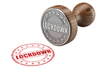 Lockdown notification stamp, red alert for safety measures, stay home reminder, warning sign, social distancing, emergency protocol, quarantine notice