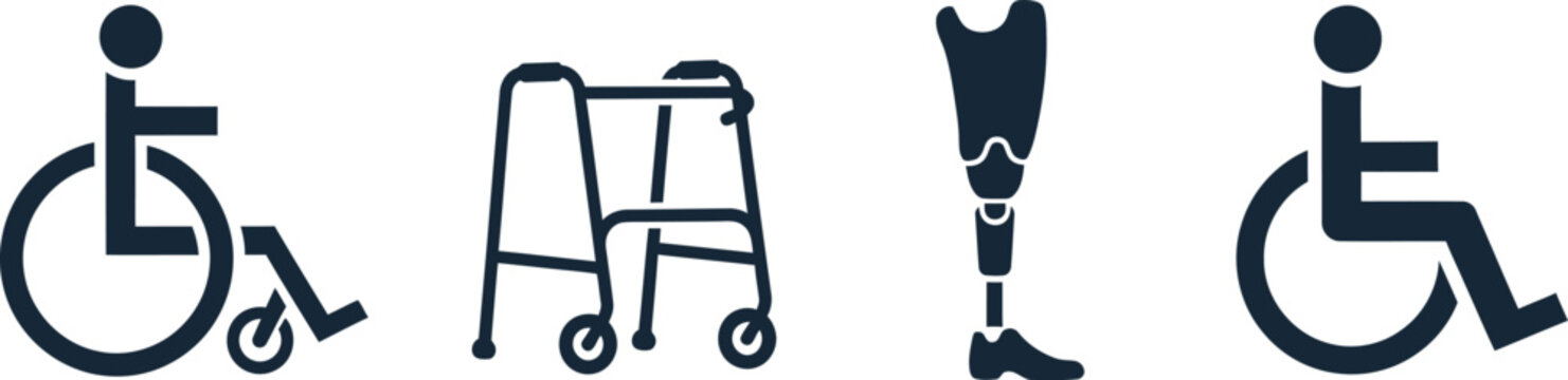 Mobility Aid Icons Wheelchair, Walker, Prosthetic Leg, Accessible Symbol