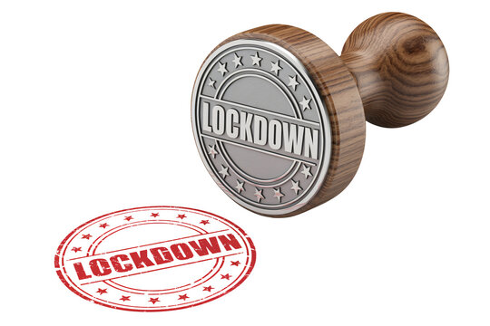 Lockdown notification stamp, red alert for safety measures, stay home reminder, warning sign, social distancing, emergency protocol, quarantine notice