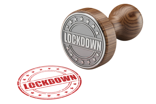 Lockdown notification stamp, red alert for safety measures, stay home reminder, warning sign, social distancing, emergency protocol, quarantine notice - Powered by Adobe