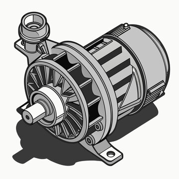 Detailed isometric illustration of a centrifugal pump with a motor and impeller on a white background