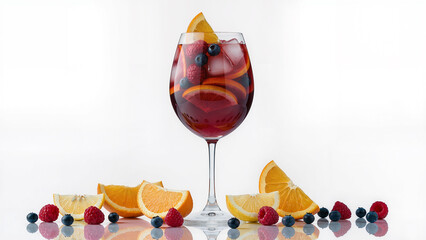 Ultra-realistic photo of a single large wine cup of red sangria, filled with ice cubes, orange and lemon slices, and berries. No background, isolated object, transparent background.