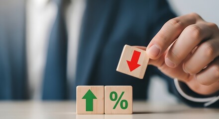 Businessperson analyzing financial risk and investment with wooden blocks