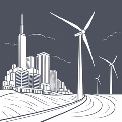 Modern city skyline with wind turbines generating clean energy in a sustainable urban landscape