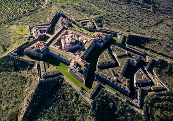 Portugal travel and landmarks, Alentejo region. medieval military fortification Nossa Senhora in Elvas. unique star-shaped architecture. UNESCO heritage site, aerial drone view