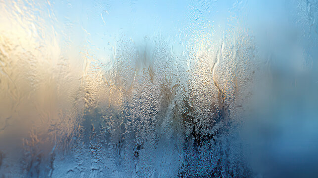 Frosty window patterns with golden sunlight and blue sky