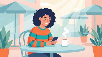Smiling woman sits at outdoor cafe table texting on smartphone with hot coffee. Scene depicts relaxation and digital connection. Ideal for lifestyle, technology, and social media designs.
