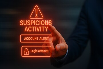 Finger points to a digital alert screen warning of suspicious account activity and potential identity theft