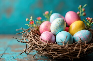 Obraz premium Pastel eggs nest in a twig basket on a turquoise wooden surface ready for Easter