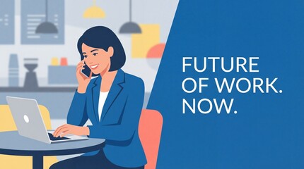 Smiling woman working in cafe with laptop and phone. Represents remote work, multitasking and modern business. Ideal for corporate banners, websites and presentations.