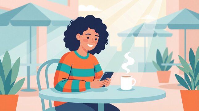 Smiling woman sits at outdoor cafe table texting on smartphone with hot coffee. Scene depicts relaxation and digital connection. Ideal for lifestyle, technology, and social media designs. - Powered by Adobe