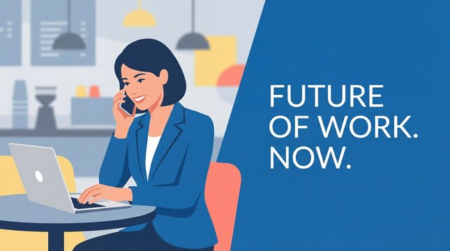 Smiling woman working in cafe with laptop and phone. Represents remote work, multitasking and modern business. Ideal for corporate banners, websites and presentations.