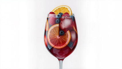 Ultra-realistic photo of a single large wine cup of red sangria, filled with ice cubes, orange and lemon slices, and berries. No background, isolated object, transparent background.