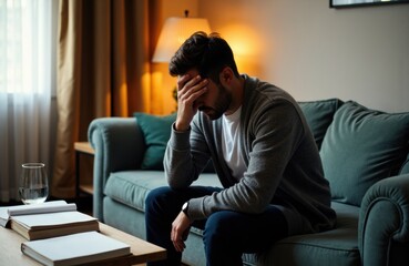 Fototapeta premium Man sits on a living room couch with his head in his hand in a moment of stress