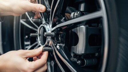 Fototapeta premium Mechanic hands tightening lug nuts on car wheel with black alloy rim — ideal for automotive repair, tire service and vehicle maintenance content.