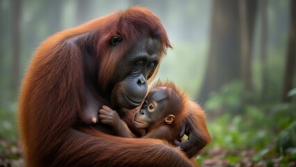 Naklejka premium Orangutan Mother and Baby in Lush Rainforest Embrace.