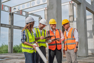 Team of construction engineers and architects discussing blueprint and project details at building site, showcasing teamwork, engineering, infrastructure development, and site planning.