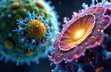 Microscopic cells and viral-like structures glow in vivid blue and purple