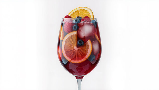 Ultra-realistic photo of a single large wine cup of red sangria, filled with ice cubes, orange and lemon slices, and berries. No background, isolated object, transparent background.