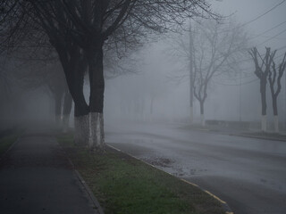 Thick fog on the city street . An empty road and sidewalk. Grey and gloomy landscape