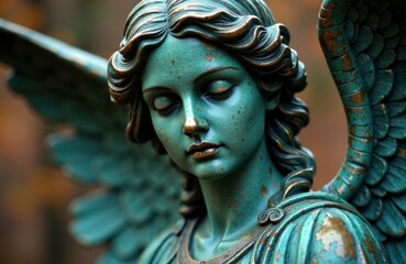 Bronze angel statue with verdigris patina and serene downward gaze in garden