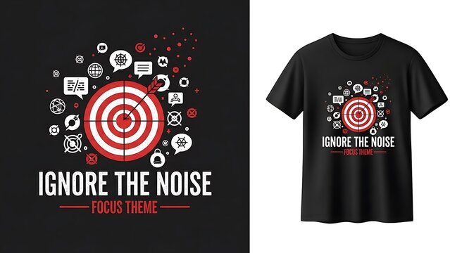 Ignore the noise focus theme illustration with target surrounded by abstract distracting icons bubbles.