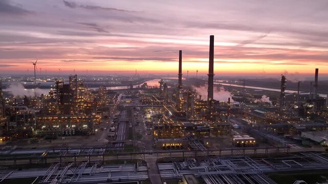 Aerial view of chemical plant at sunset. Drone shot. Billowing steam from smoke stack filling sky. Smoking chimneys from factory. Chimneys of big oil refinery at sunrise polluting environment. Night