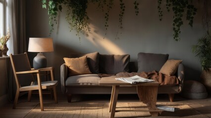 Fototapeta premium Cozy Living Room with Natural Light and Indoor Plants.