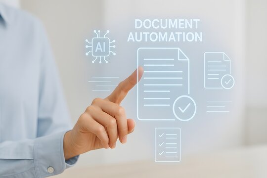 Person interacts with a digital interface displaying document automation technology and workflow icons